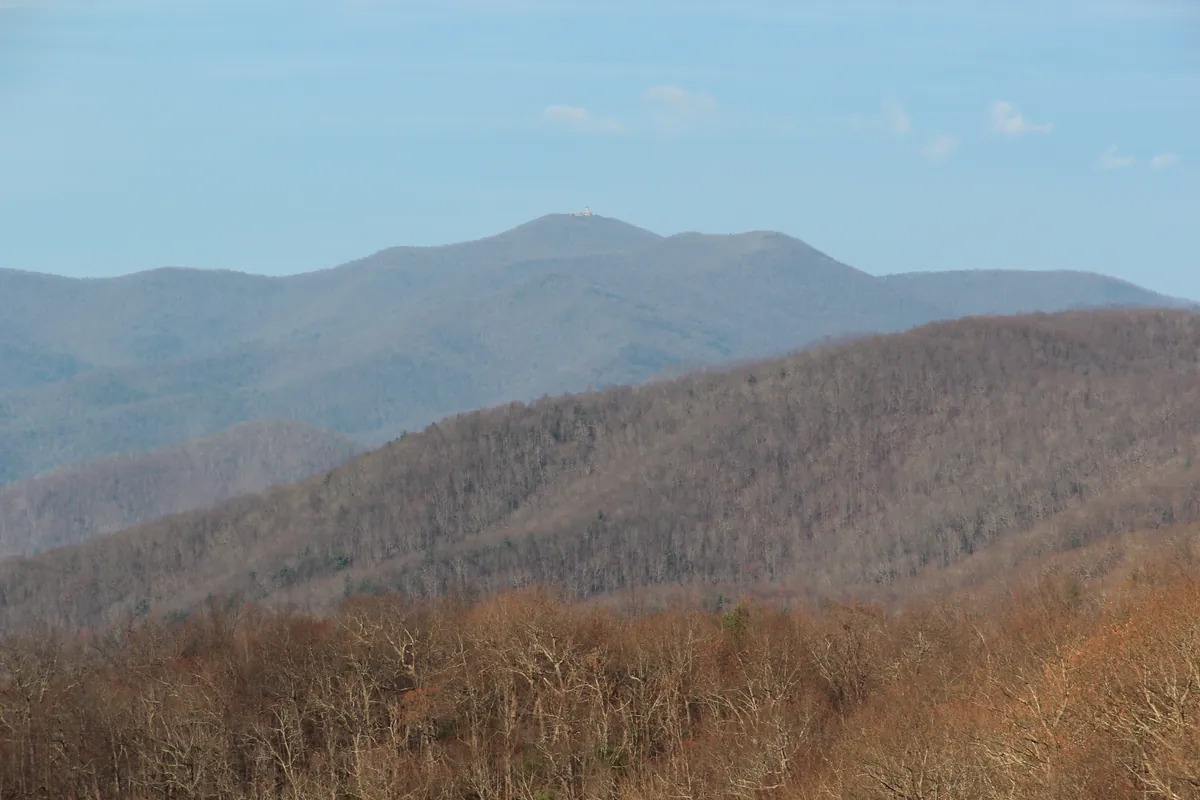 Forested mountain ridges with Brasstown Bald rising above North Georgia