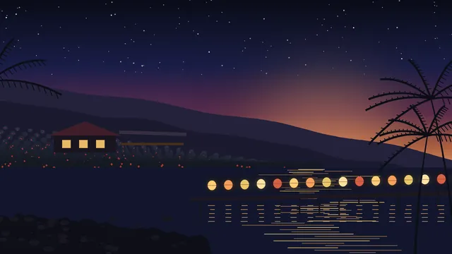 Illustration of coffee trees on a volcanic slope above a bay, with a farmhouse, palm trees and a pier lined with glowing paper lanterns at dusk in deep blue and brass tones