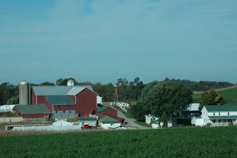 Red barns and white farm buildings beyond a green field