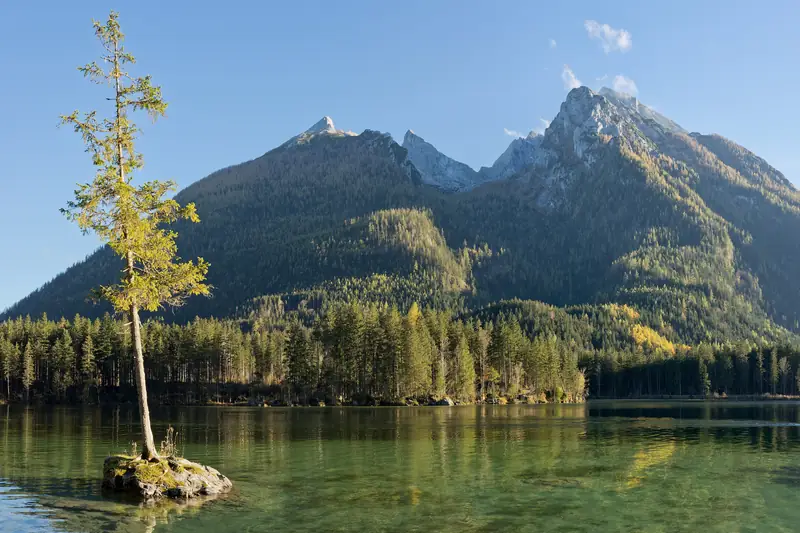 Mountain lake with forested shores and rocky Alpine peaks under a partly cloudy sky