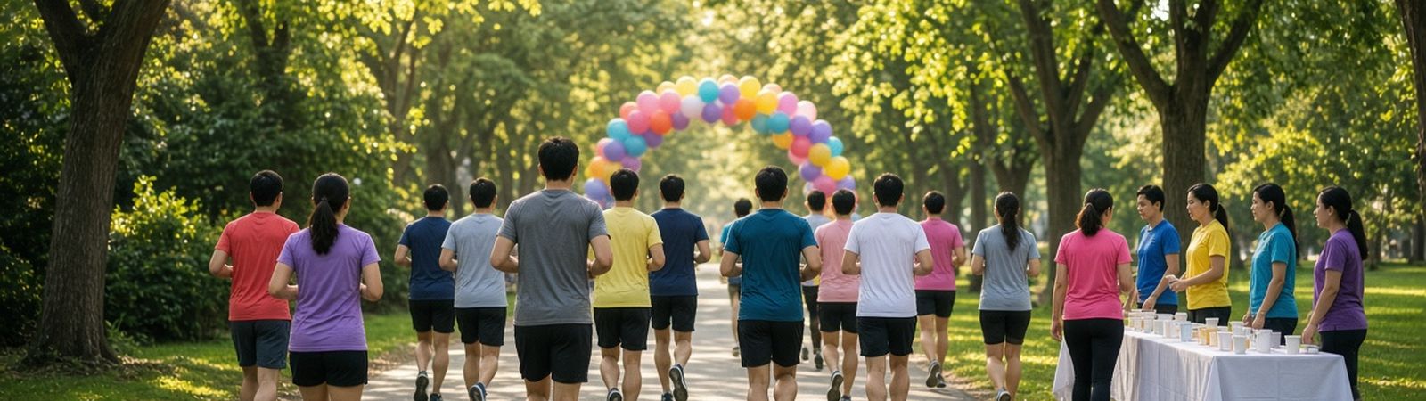 Illustration of runners on a park road heading toward a balloon arch, with volunteers at a water table