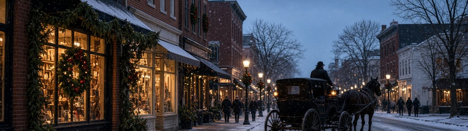 Illustration of a snowy small-town main street at dusk with wreaths, garlands and a horse-drawn carriage