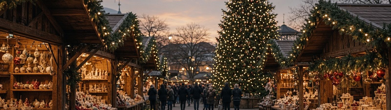 Illustration of wooden market stalls with garlands and string lights at dusk, with a tall decorated tree behind