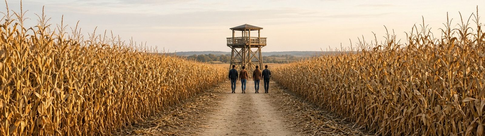 Illustration of a dirt path through a tall golden corn maze with a wooden lookout platform in the distance