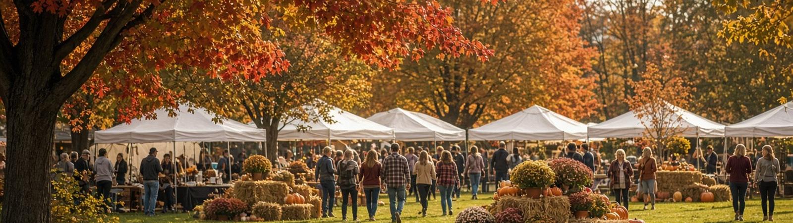 Illustration of white vendor tents on a town green with pumpkins, hay bales and autumn maple trees