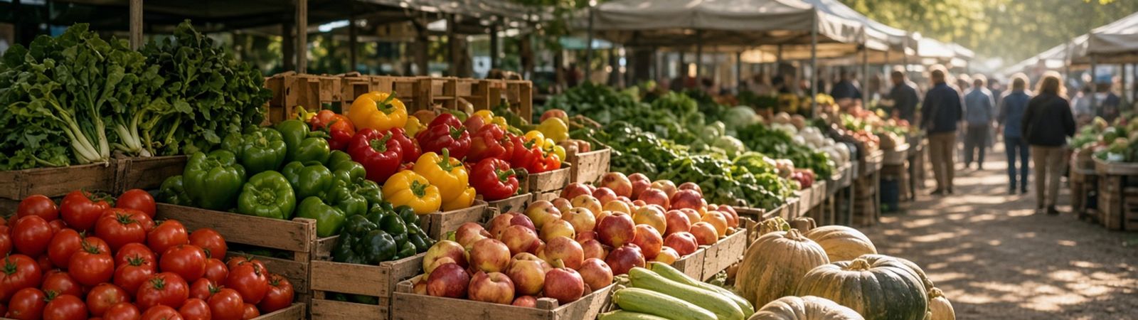 Illustration of a farmers market stall with crates of tomatoes, peppers, greens and apples under a canvas canopy