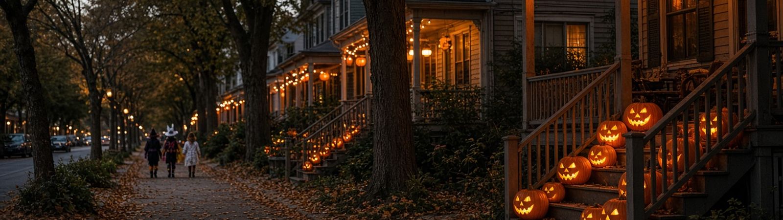 Illustration of a leafy residential street at dusk with jack-o'-lanterns on porches and trick-or-treaters far down the block