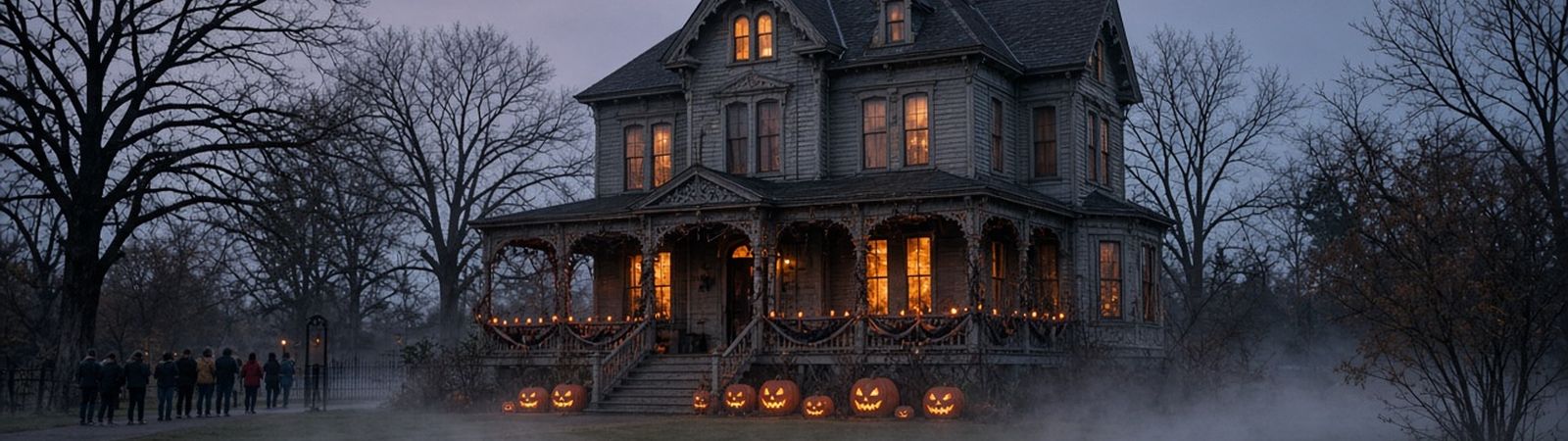 Illustration of a Victorian farmhouse at dusk with glowing windows, fog and jack-o'-lanterns on the porch steps