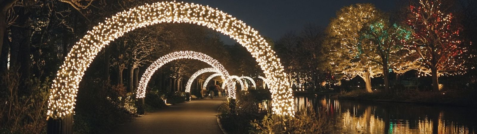 Illustration of a park path at night under arches of holiday lights, with lit trees reflected in a pond