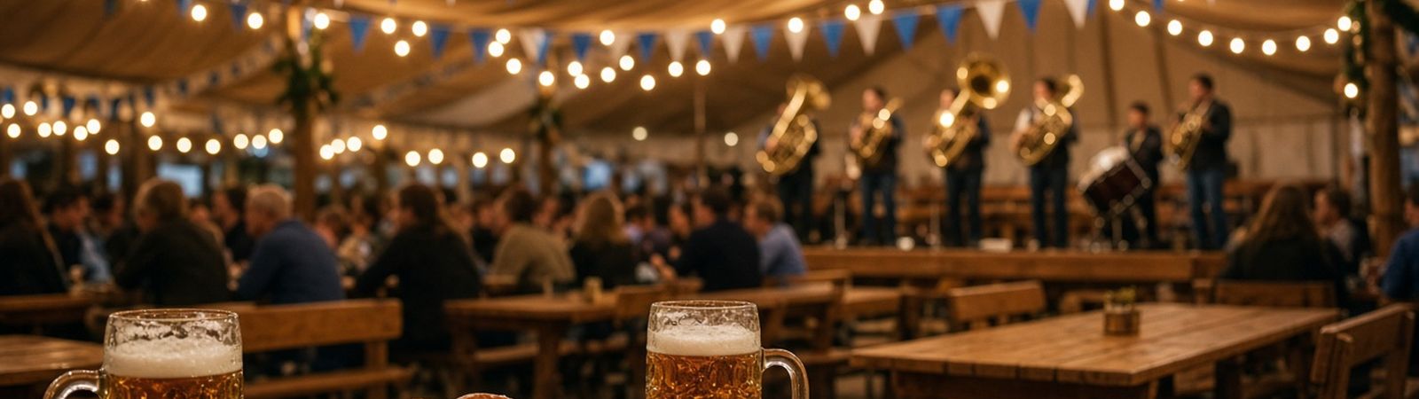 Illustration of a festival tent with long wooden tables, beer steins, pretzels, string lights and a small band far in the background