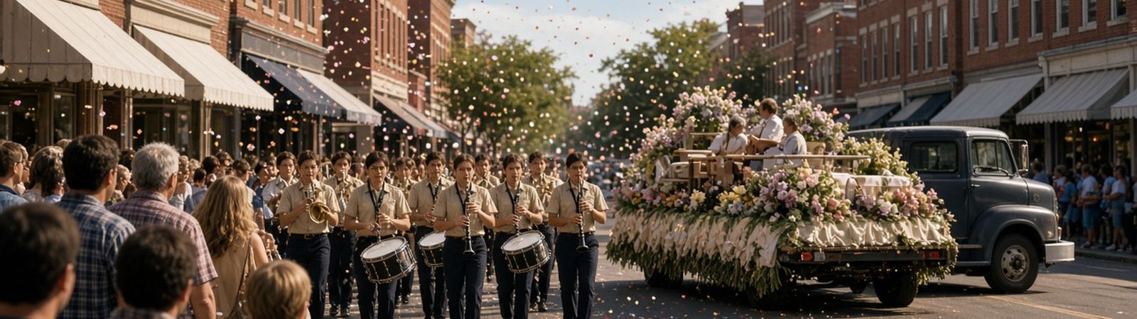 Illustration of a marching band and a decorated float on a small-town main street lined with spectators