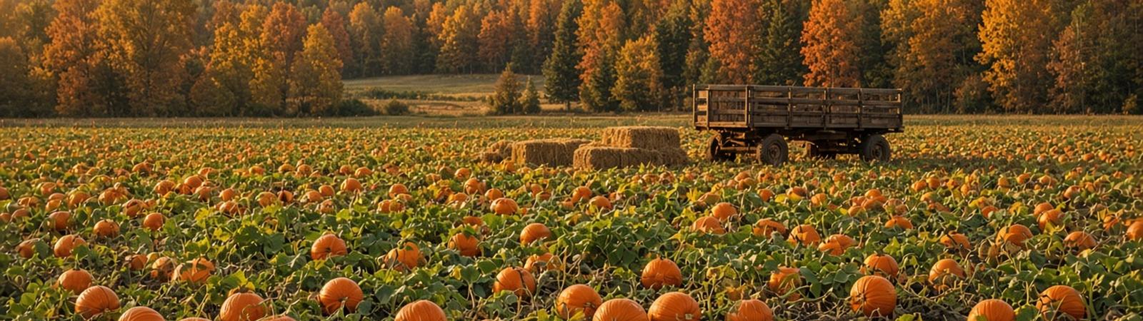 Illustration of a pumpkin field at golden hour with hay bales and a wooden hay wagon