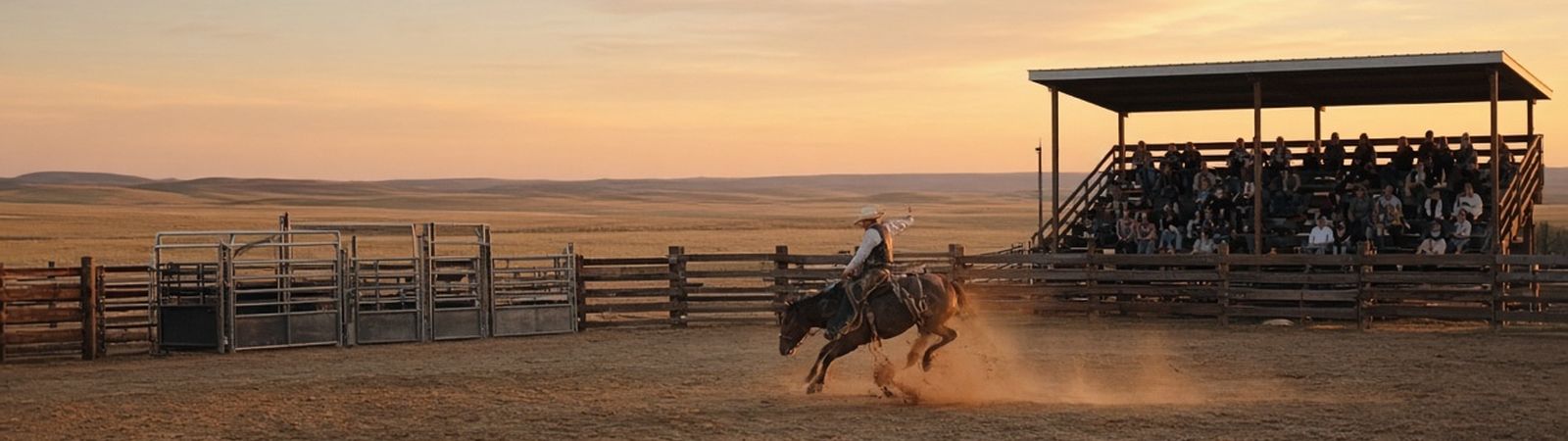 Illustration of a rider on a bucking horse in a dusty rodeo arena at sunset with a grandstand behind