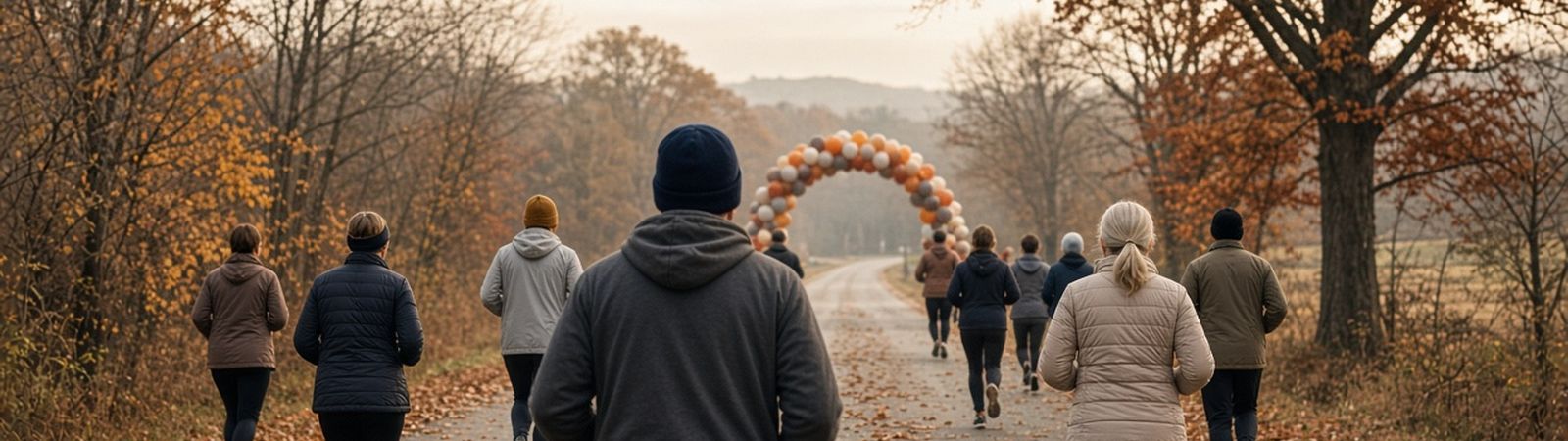 Illustration of runners in warm layers on a leaf-strewn road heading toward a balloon arch in late autumn