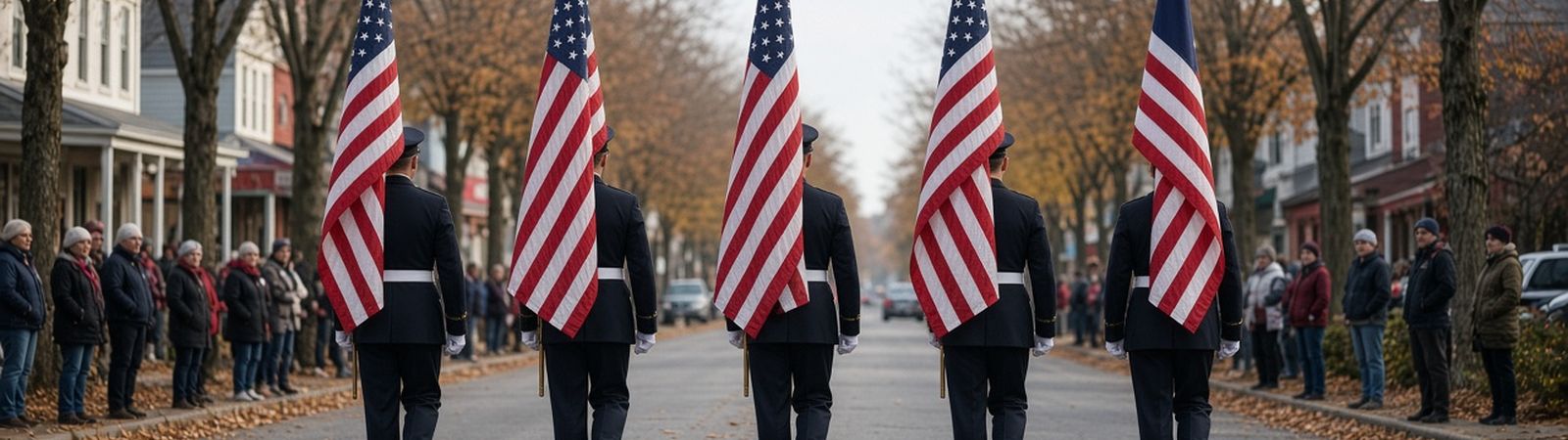 Illustration of a color guard carrying American flags down a small-town street in late autumn