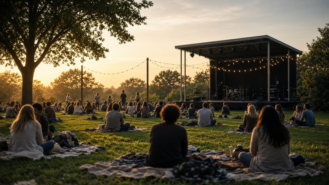 Outdoor weekend festival lawn at sunset